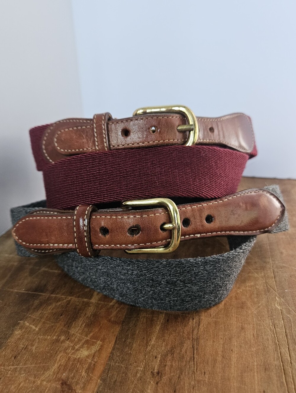Two Lands End Webbed Belts With Leather Tabs, Brass Buckes Dark Grey And Maroon